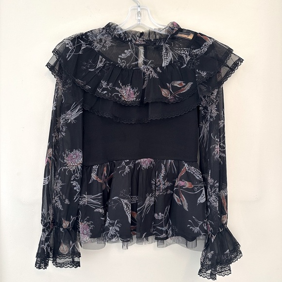 Gracia Tops - Gracia Bloomingdale’s Sheer Mesh Ruffled Long Sleeved Black Top NWOT Size M